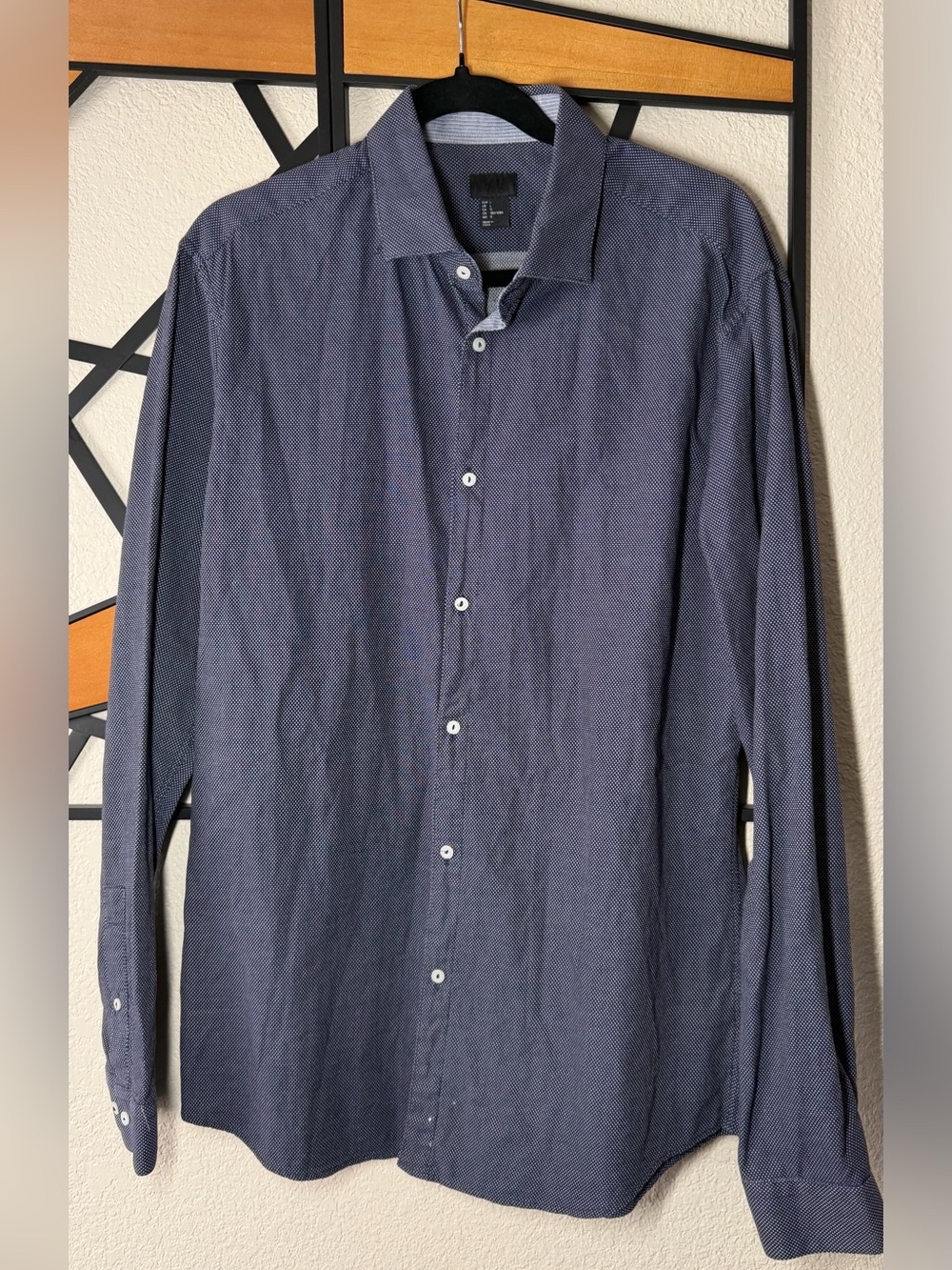 H&M Navy Micro-Pattern Long-Sleeve Dress Shirt